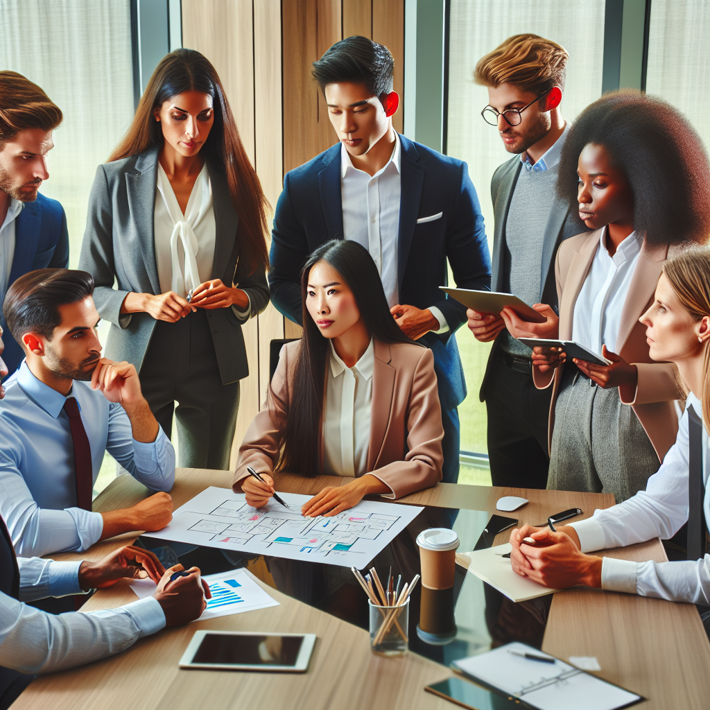 Imaginea prezinta un grup de consultantii IT care discuta strategii de afaceri intr-un birou luminos si modern. Toate persoanele au trasaturi europene.