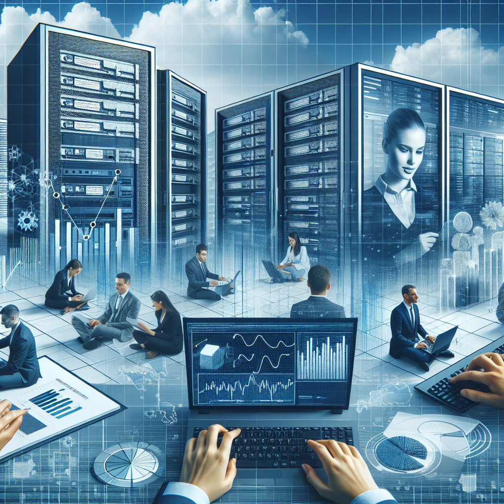 Imagine care ilustreaza un peisaj de afaceri cu elemente de virtualizare: camere server, grafice de performanta si imagini cu oameni de tip european care lucreaza la computere. Trebuie sa arate ca o fotografie reala.