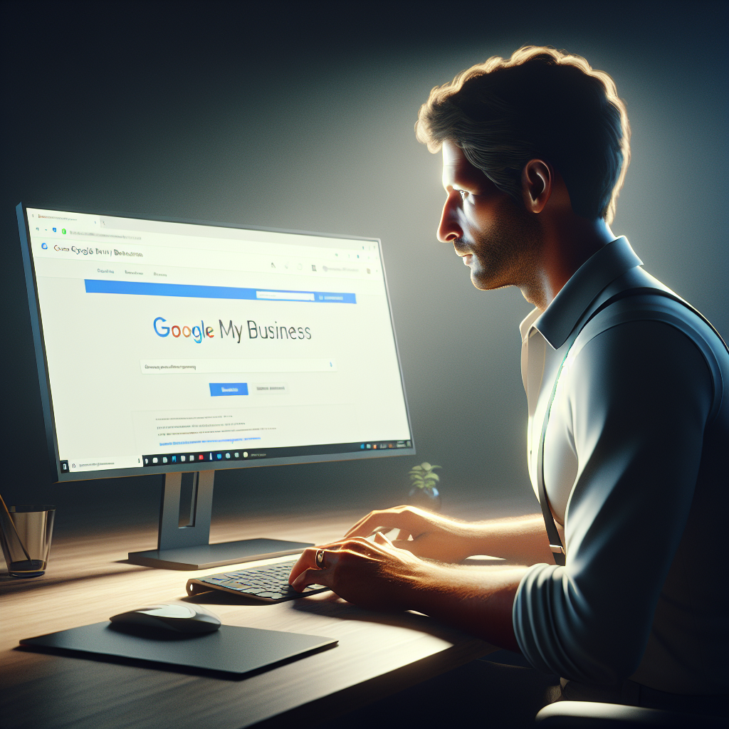 O imagine cu o persoana care lucreaza la un computer, avand pe ecran pagina Google My Business deschisa, astfel incat sa arate ca o fotografie reala, persoana fiind de etnie europeana.