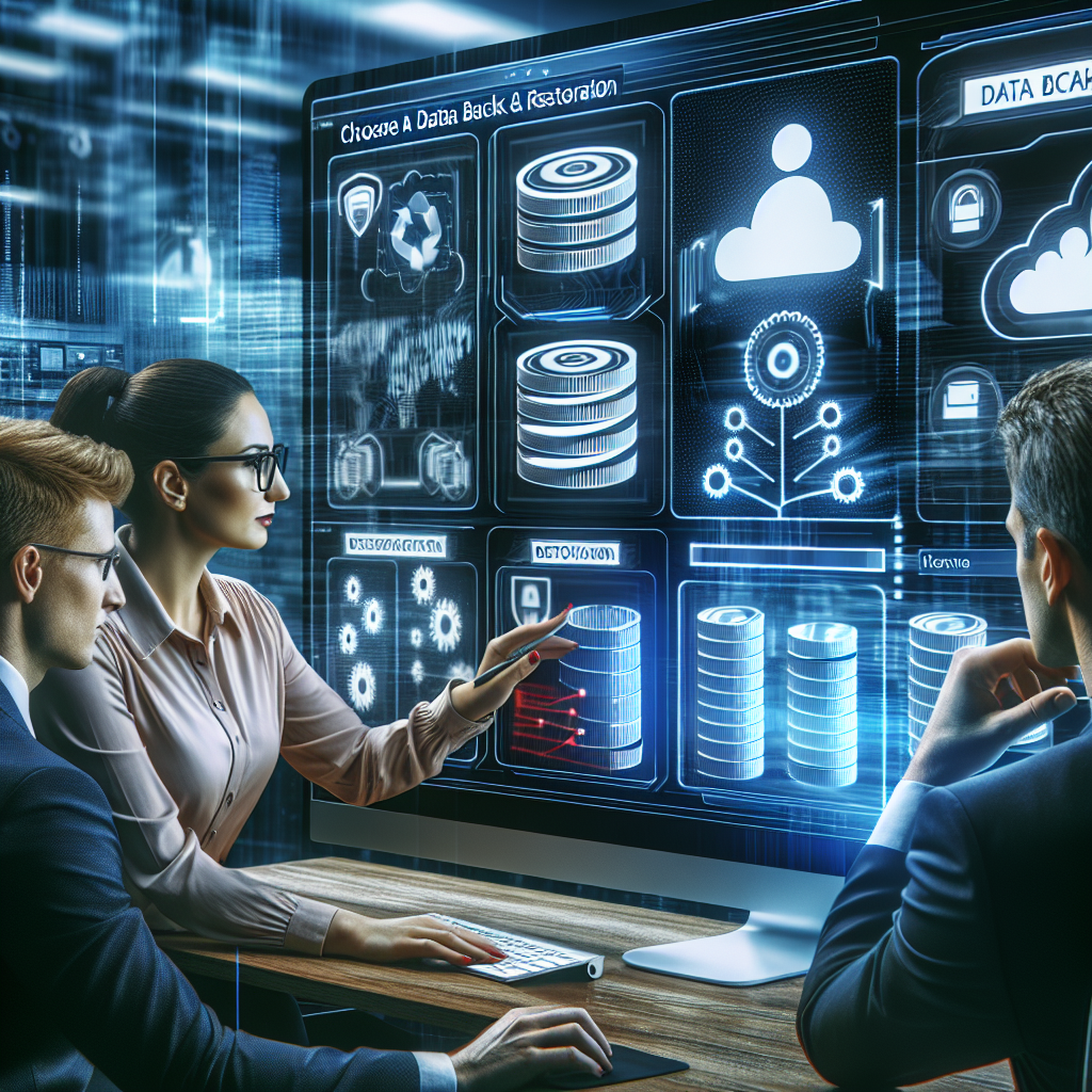 Imagine cu procesul de selecție a unei soluții de backup și recuperare a datelor pe ecranul unui computer, cu specialiști europeni discutând despre cazuri.