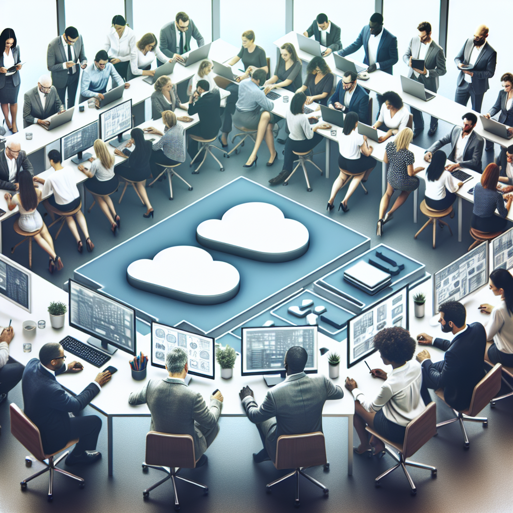 Imaginea prezinta un spatiu birou modern, cu echipe de angajati care lucreaza la proiecte utilizand tehnologii cloud. Persoanele din imagine au toate aspect european.