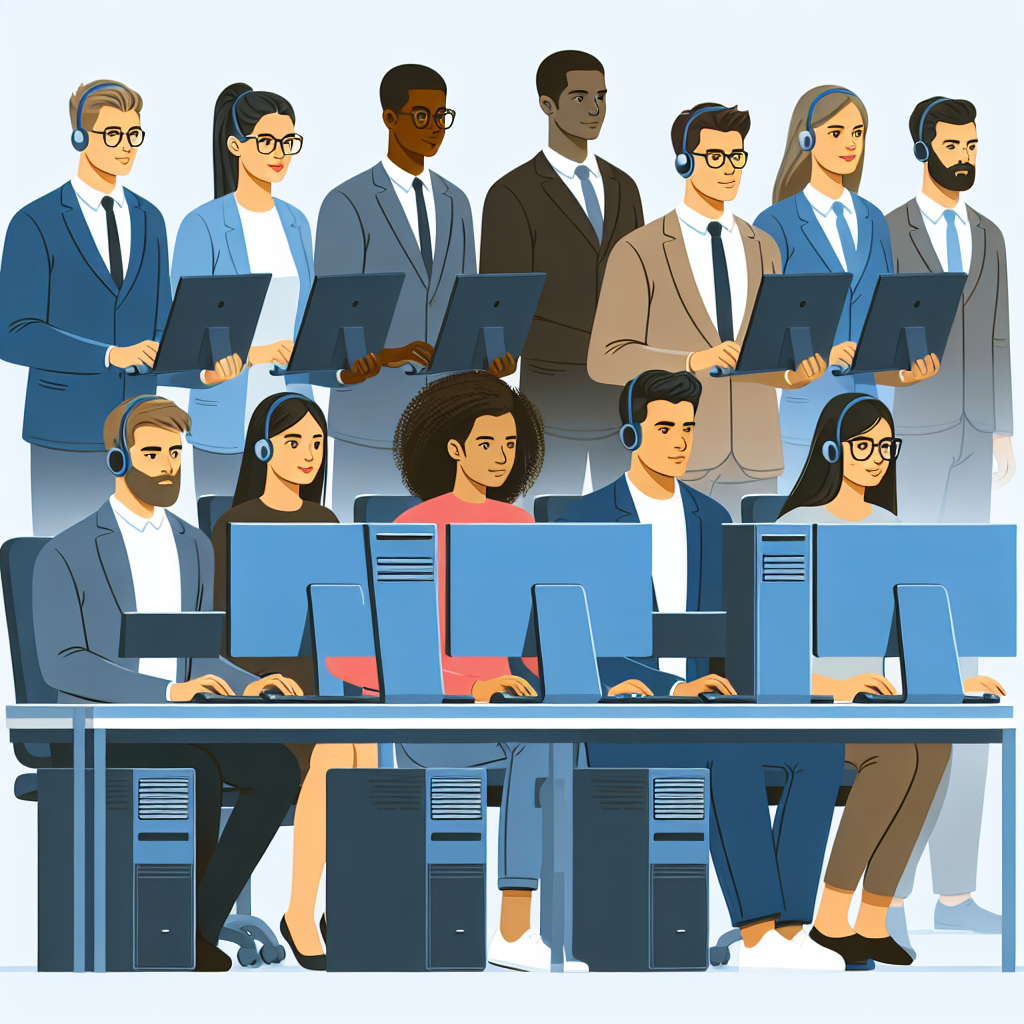 Imagine cu un grup de testeri software care lucreaza la computere, concentrandu-se pe detalii, toti oamenii de tip european.