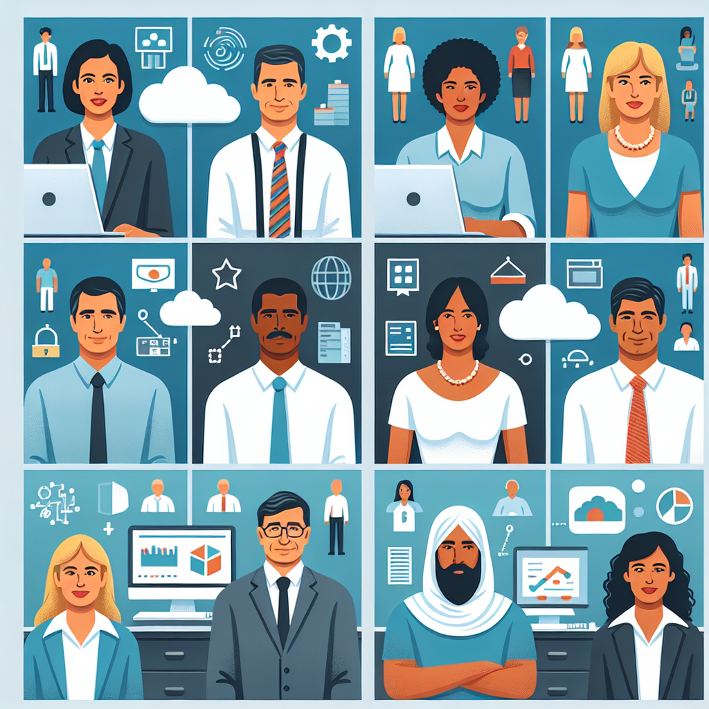 Imaginea ilustreaza diverse afaceri care utilizeaza servicii cloud pentru a-si optimiza procesele, incluzand un birou, un magazin si o institutie educationala. Persoanele din imagine au toate aspect european.