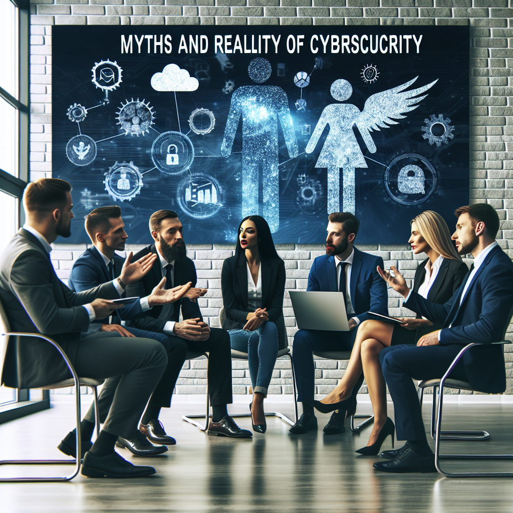 Imagine cu un grup de profesionisti discutand miturile si realitatea cybersecurity-ului intr-un birou modern, toate avand o aparitie de tip european, asemanatoare cu o fotografie.