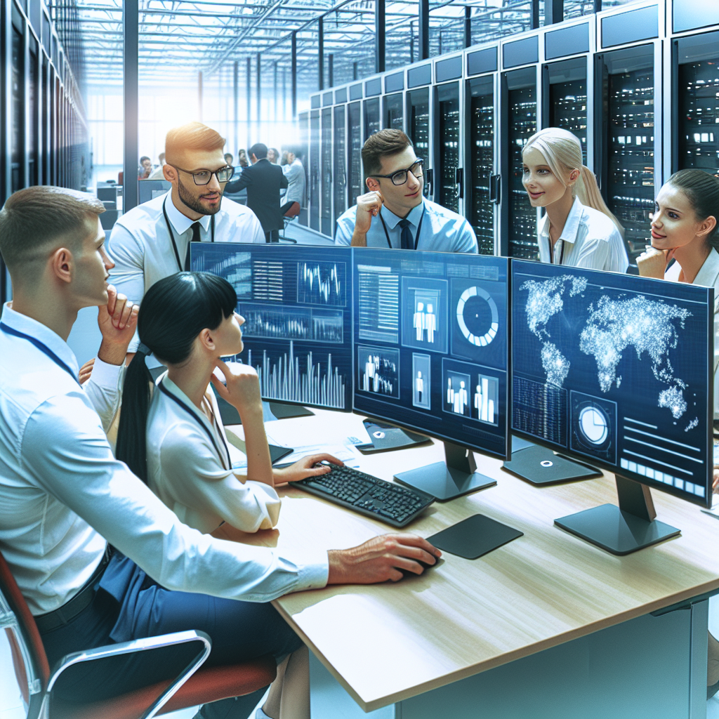 Imagine cu biroul principal al unei companii, unde o echipa de profesionisti in administrarea bazelor de date discuta date importante afisate pe ecranul computerului. Toate persoanele au o infatisare europeana si lucreaza intr-un birou modern cu <a href=