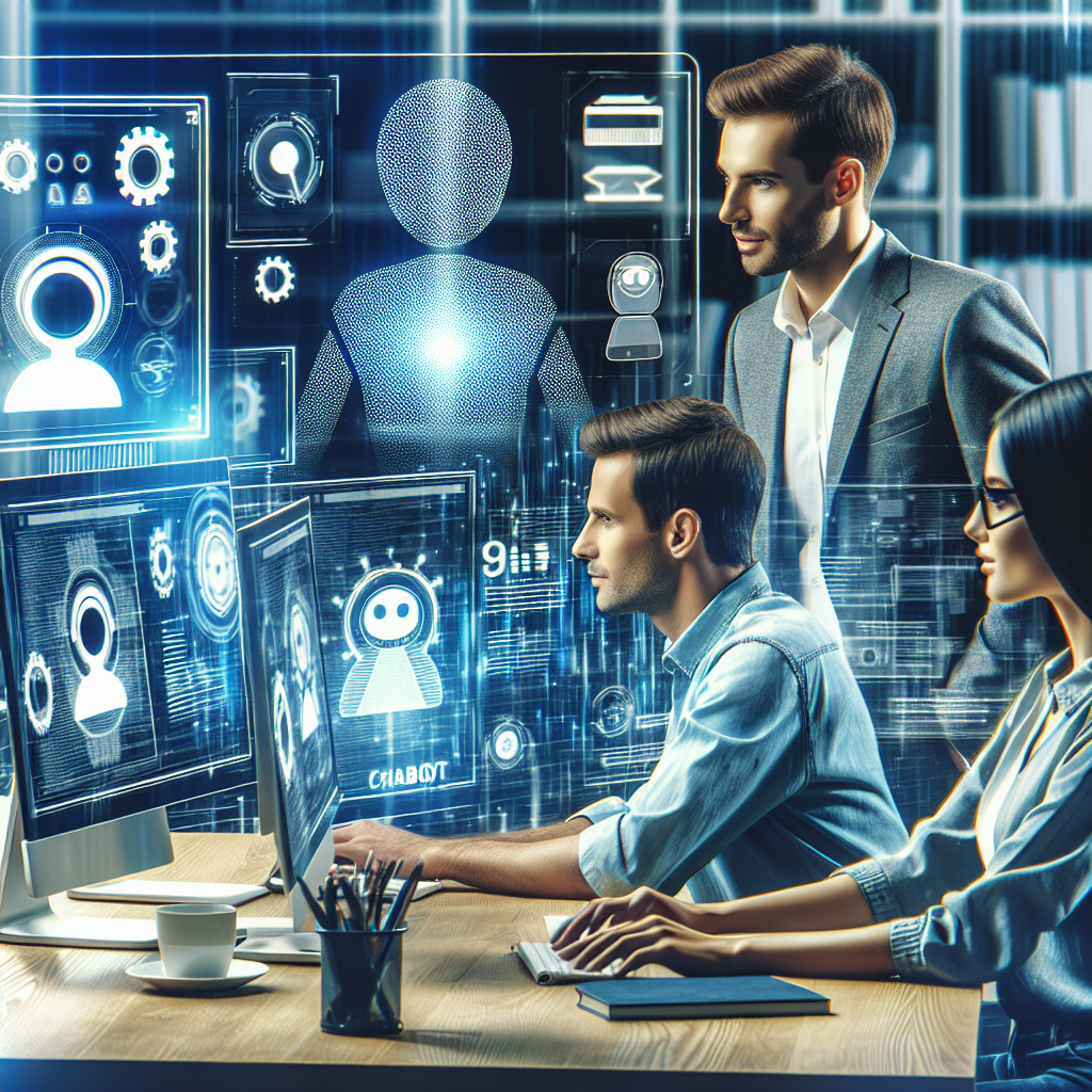 Imaginea ilustreaza trei persoane cu infatisare europeana, lucrand la computere intr-un birou modern, cu grafice pe ecran, discutand un proiect de dezvoltare a chat-bot-urilor. Fundalul este plin de elemente tehnologice.