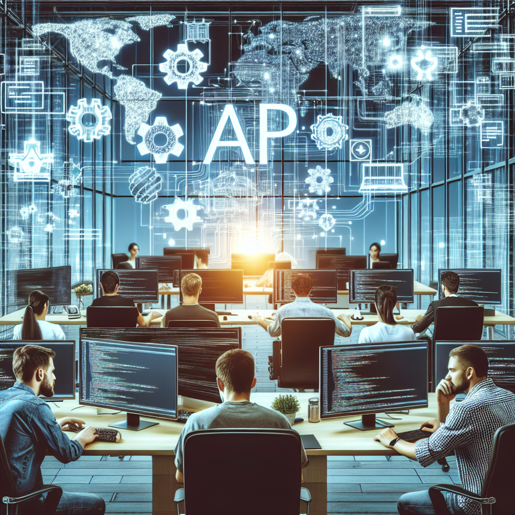 Imagine cu programatori care lucreaza la dezvoltarea unui API intr-un spatiu de birou contemporan, inconjurati de <a href=