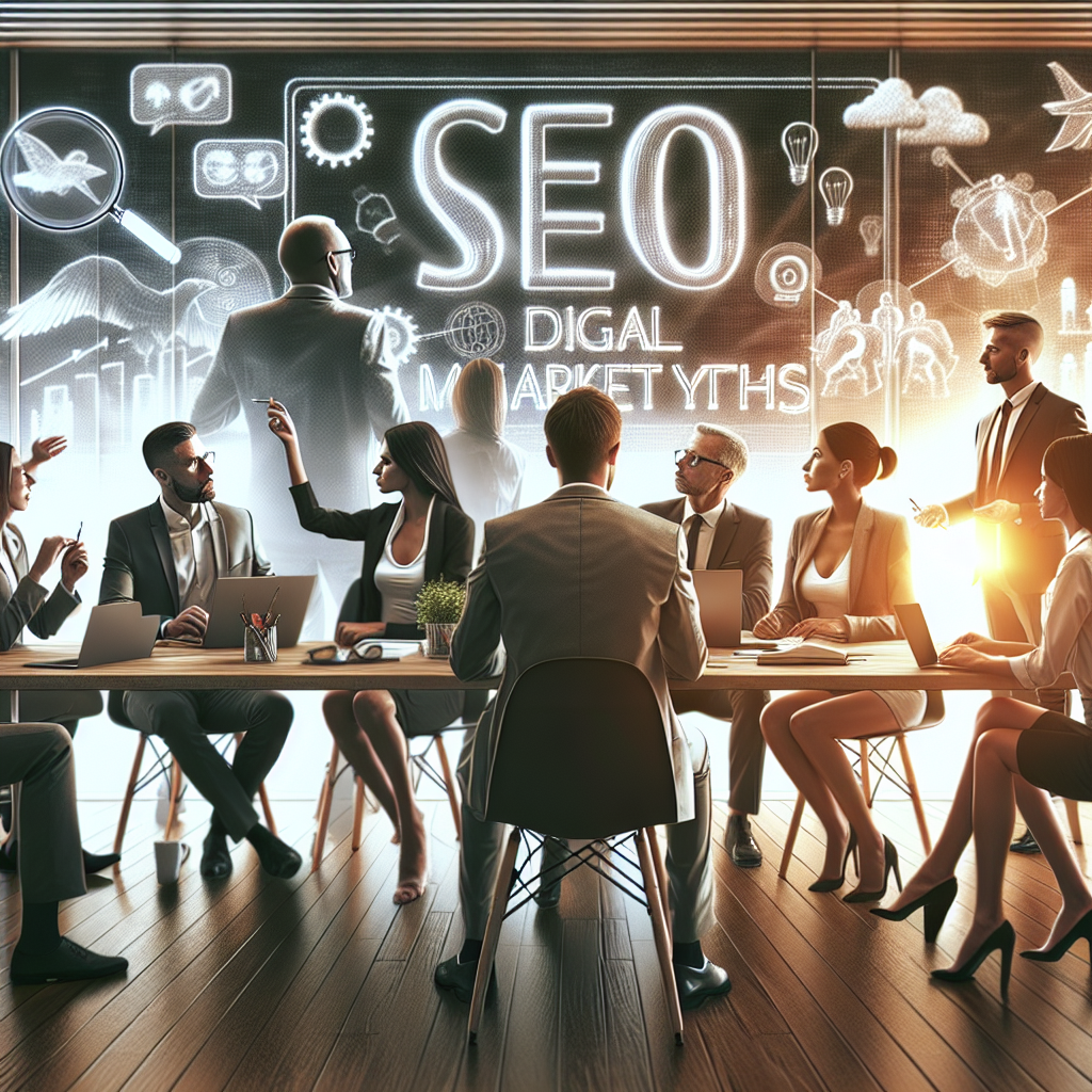 Imagine cu un grup de specialisti discutand mituri despre SEO si marketing digital intr-un birou, cu specialisti europeni pasionati de munca lor, intr-o atmosfera de discutii si idei creative. Ar trebui sa arate ca o fotografie, pentru a fi imposibil de diferentiat de o fotografie.