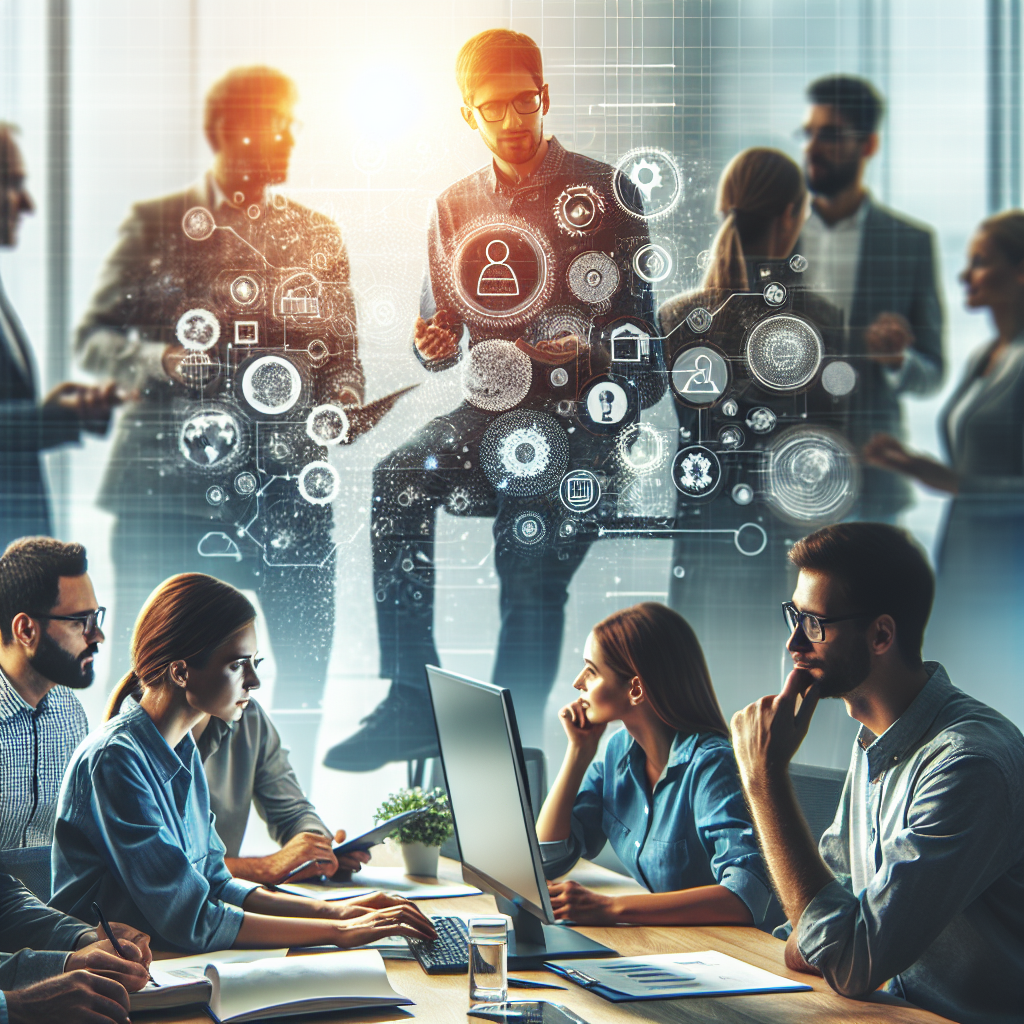 Grup de oameni (tip european) intr-un birou, discutand si lucrand la computere, intr-o atmosfera de colaborare si inovatii in domeniul automatizarii proceselor de afaceri.