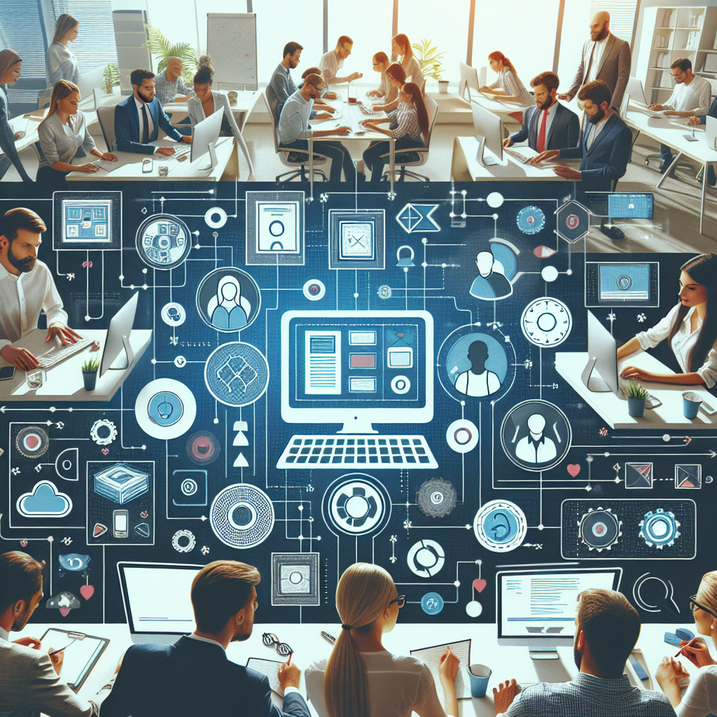 Imaginea prezinta un interfata moderna de utilizator, unde diferite elemente de design interactioneaza intre ele, pe un fundal de birou cu calculatoare si profesionisti care lucreaza la proiecte, toate persoanele avand aspect european.