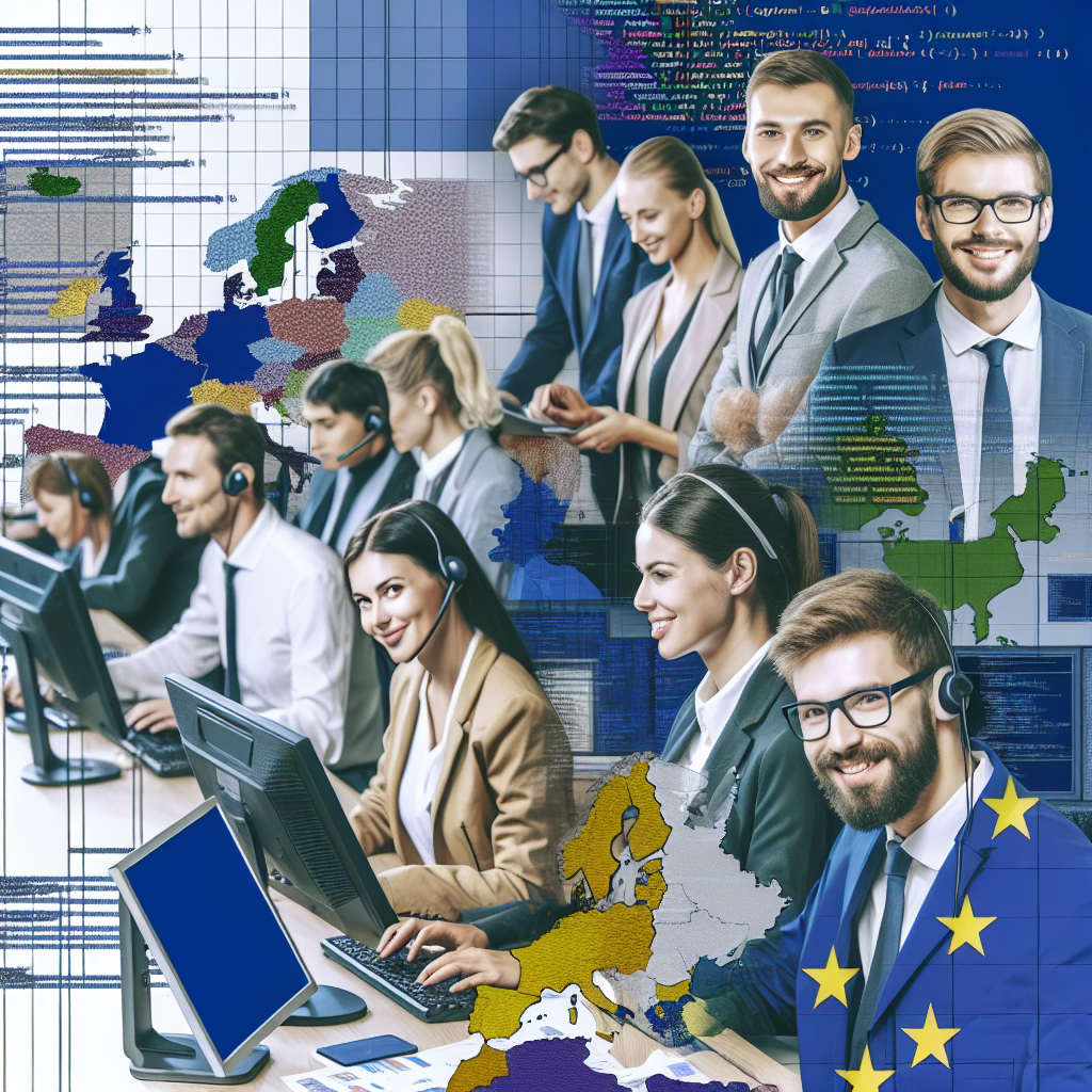 Imagine cu o echipa de profesionisti care lucreaza la dezvoltarea si intretinerea site-urilor, avand computere si uneltele tehnice. Toate persoanele sunt de tip european, atmosfera este prietenoasa si productiva.