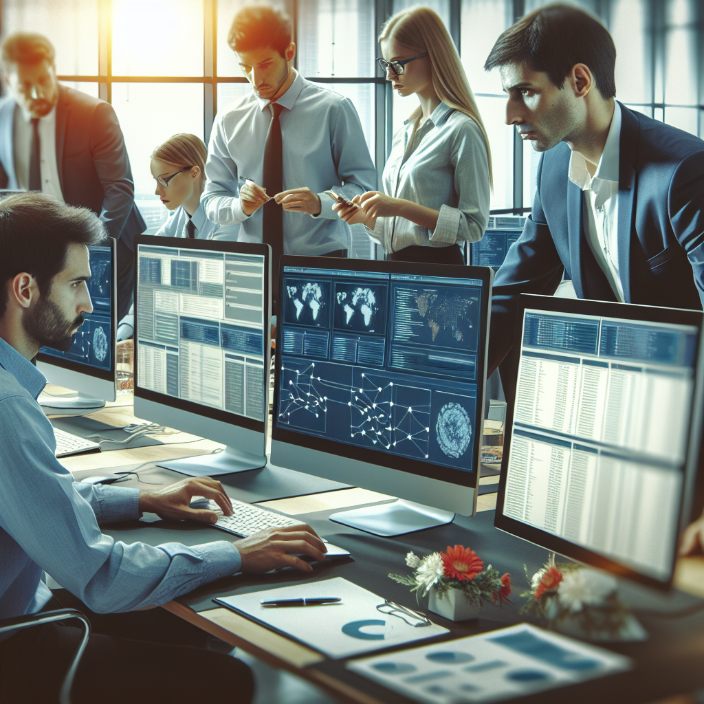 Imagine cu o echipa de specialisti IT care colaboreaza pentru gestionarea eficienta a incidentelor, lucrand impreuna la calculatoare si configurand echipamente intr-un birou modern. Toti oamenii au infatisare europoidala.