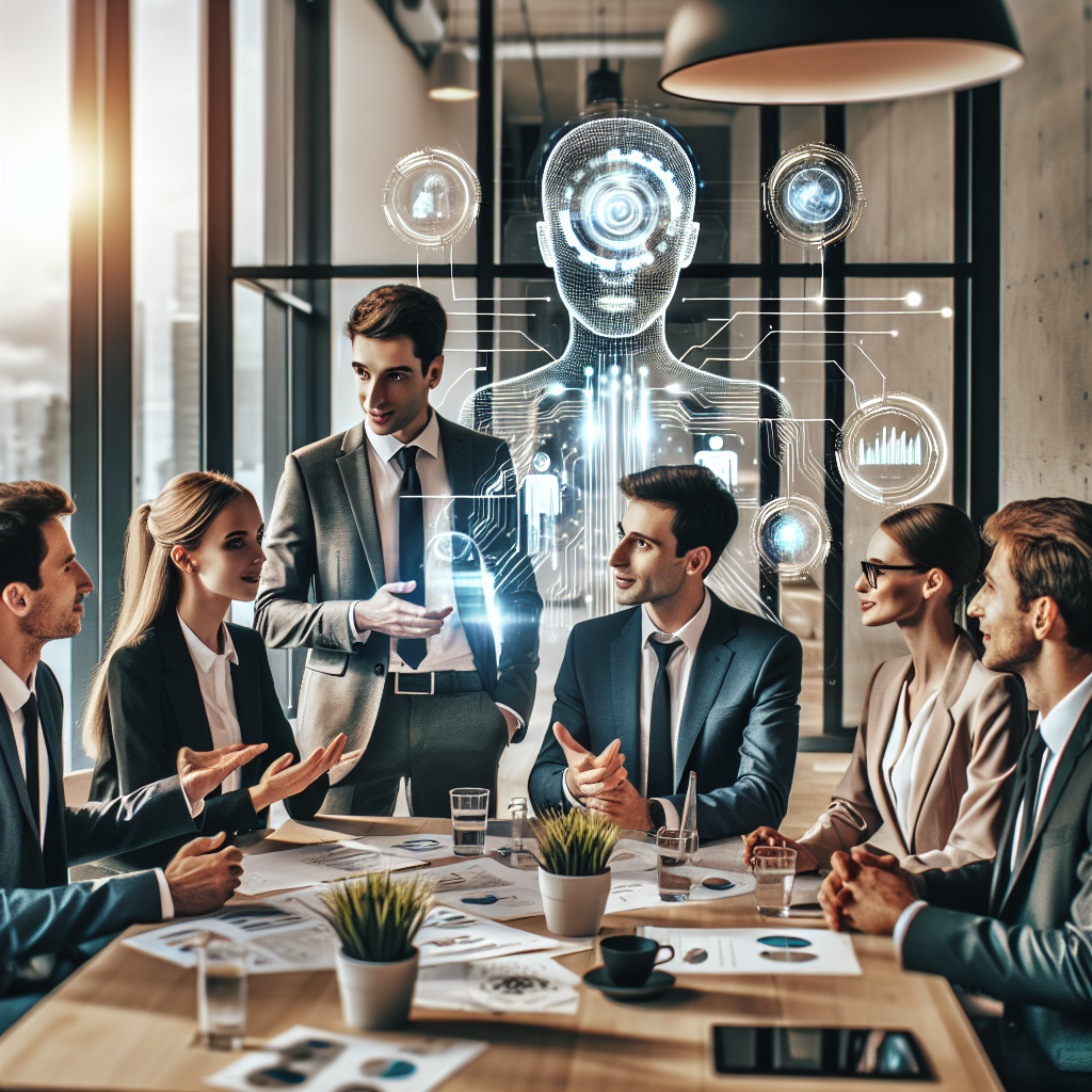 Imaginea unui grup de oameni de afaceri europeni discutand despre integrarea tehnologiilor de inteligenta artificiala in birou, cu grafice si diagrame afisate pe ecran.