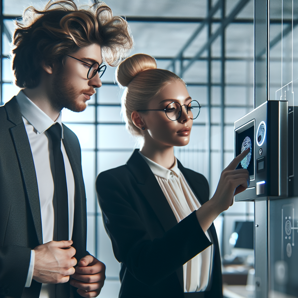 Imagine care ilustreaza functionarea unui sistem de control al accesului cu biometrii intr-un birou modern, cu persoane de tip european care interactioneaza profesional cu tehnologia de securitate.
