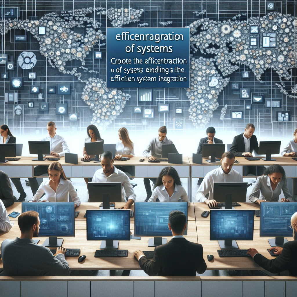 Imagine ce ilustreaza integratia eficienta a sistemelor, cu oameni care lucreaza in birou la sisteme computerizate ce interactioneaza intre ele. Toate persoanele sunt de tip european.