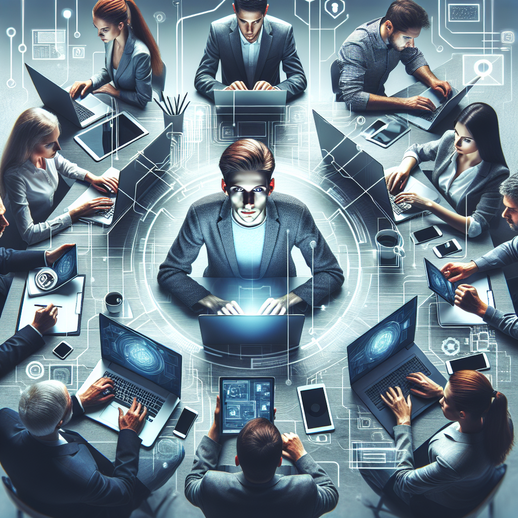 Imagine cu un grup de specialisti IT care lucreaza cu gadgeturi si laptopuri, avand un aspect european, intr-un stil realist.