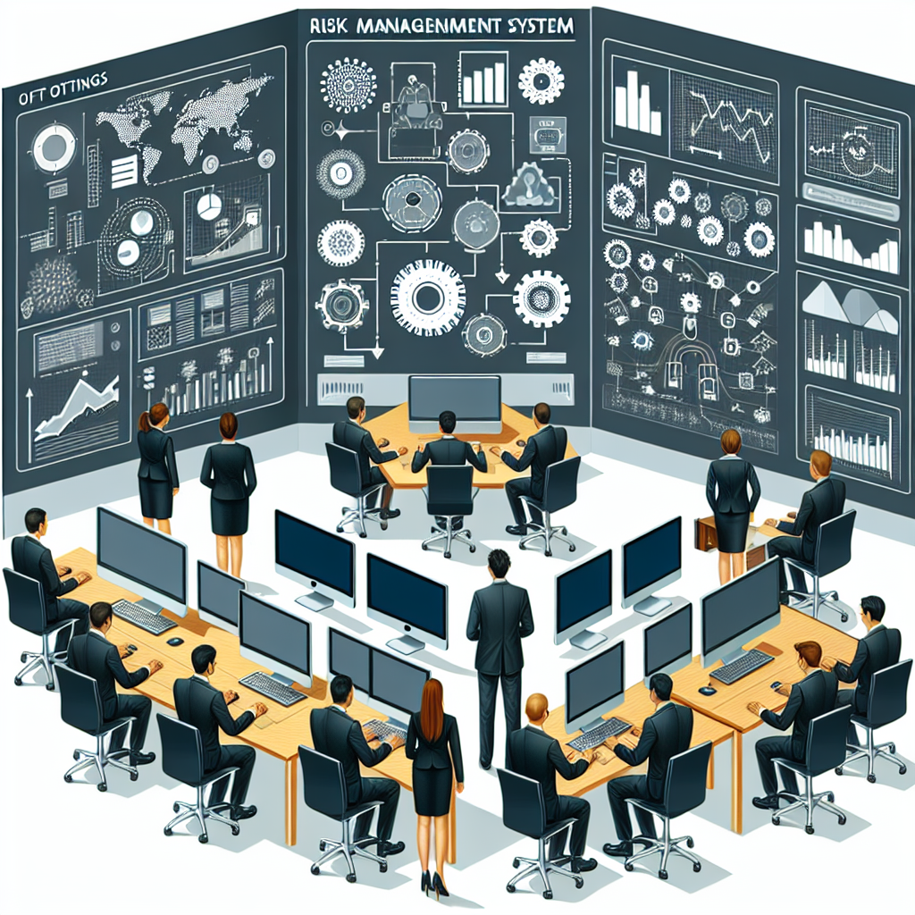 Imagine cu setari ale sistemului de management al riscurilor in IT, afisand grafice si computere, cu oameni care arata european, intr-un stil realist.