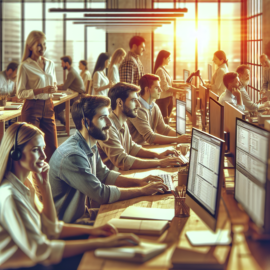 Уютный офис, где сотрудники используют современные технологии CRM, виден интерфейс на экранах. Все люди выглядят как европейцы.