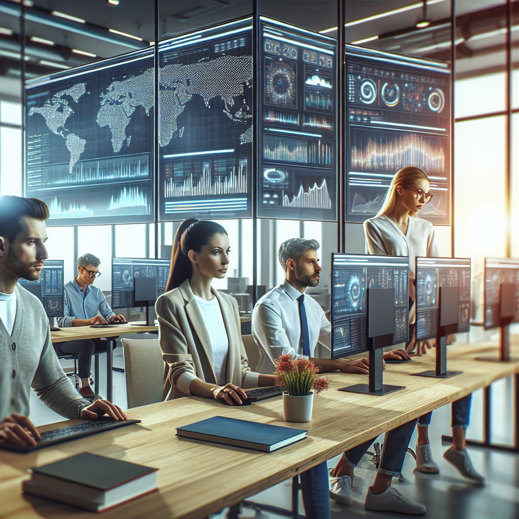 O imagine in care oameni de tip european lucreaza cu masini virtuale intr-un birou modern, in jurul lor se afla ecrane de computer si grafice, creand o atmosfera de inalta tehnologie.