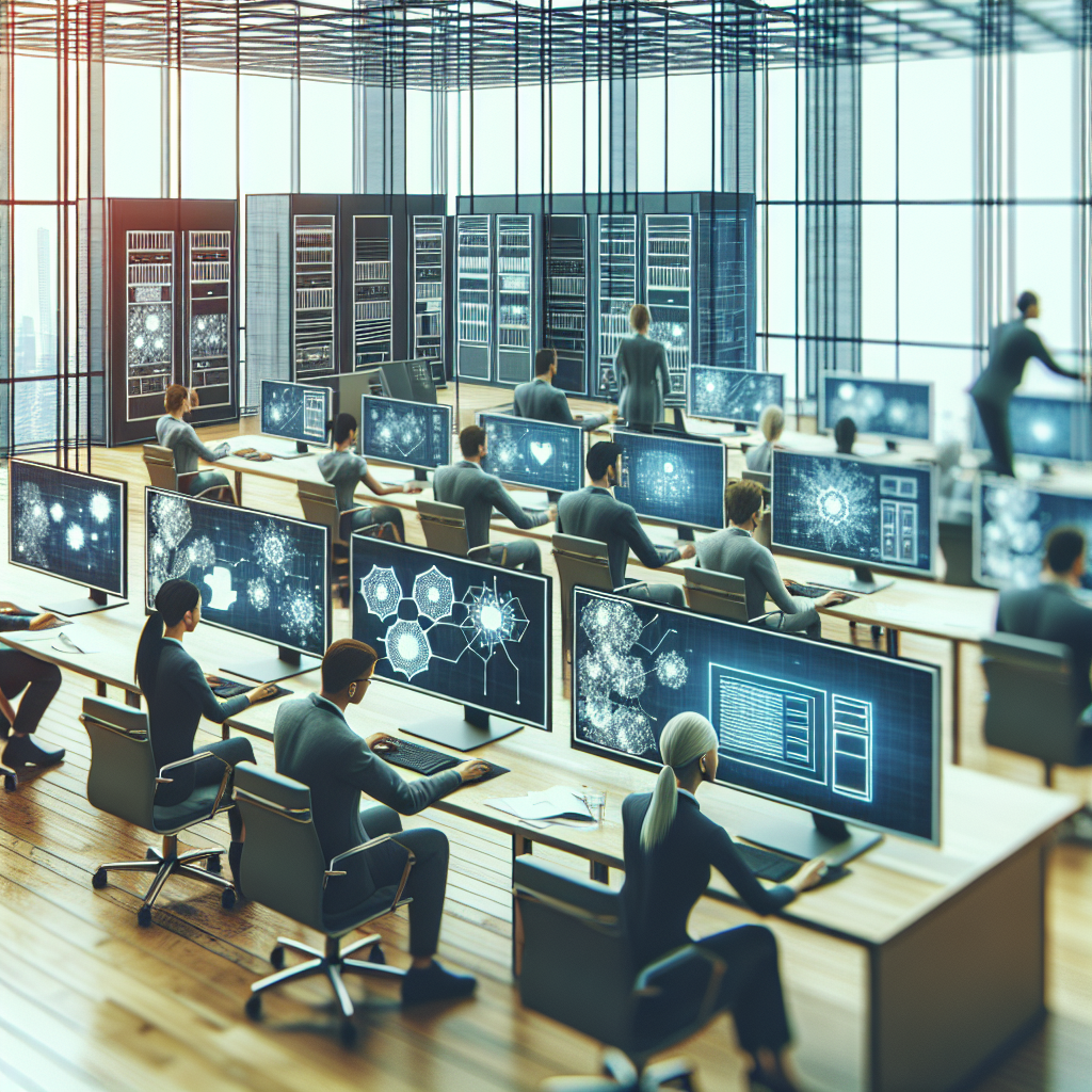 O imagine in care oameni de tip european lucreaza intr-un birou flexibil, folosind masini virtuale pe ecranele computerelor, creand o atmosfera de afaceri moderna.