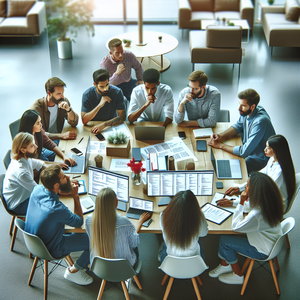Image cu un grup de profesionisti europeni discutand strategii de dezvoltare software la o masa, avand laptopuri si documente, intr-un mediu de birou modern.