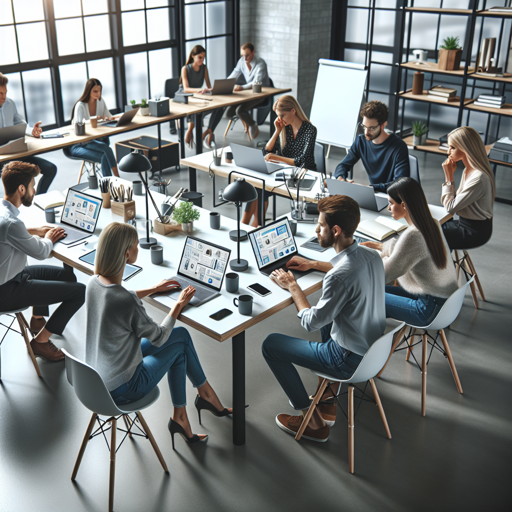 Grup de oameni cu aspect european, invatand online intr-un birou modern, cu laptopuri si panouri interactive, ilustreaza atmosfera de invatare si colaborare.