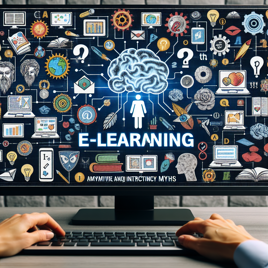 Colaj care prezinta diferite mituri despre e-learning, vizualizate prin icone si simboluri, pe fondul unor ecrane care arata cursuri interactive si invatare.