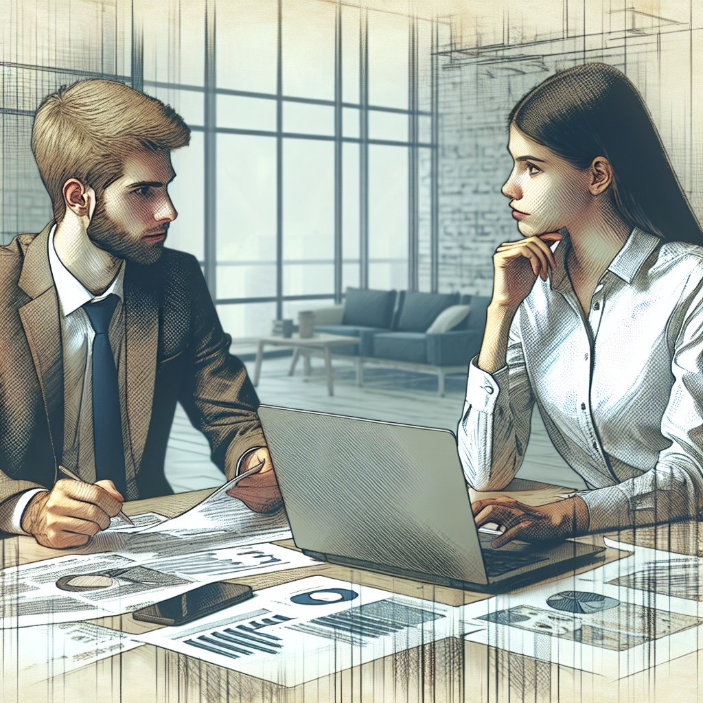 На изображении мужчина и женщина, обсуждающие проект в офисе. У них европейская внешность, на столе расположены ноутбук и документы.