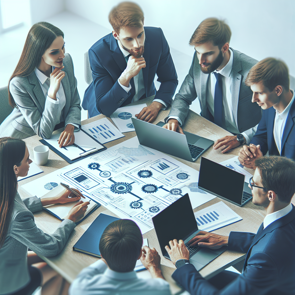 На изображении команда специалистов, обсуждающих проект автоматизации в офисе. Все участники имеют европейскую внешность, на столе видны ноутбуки и графики.