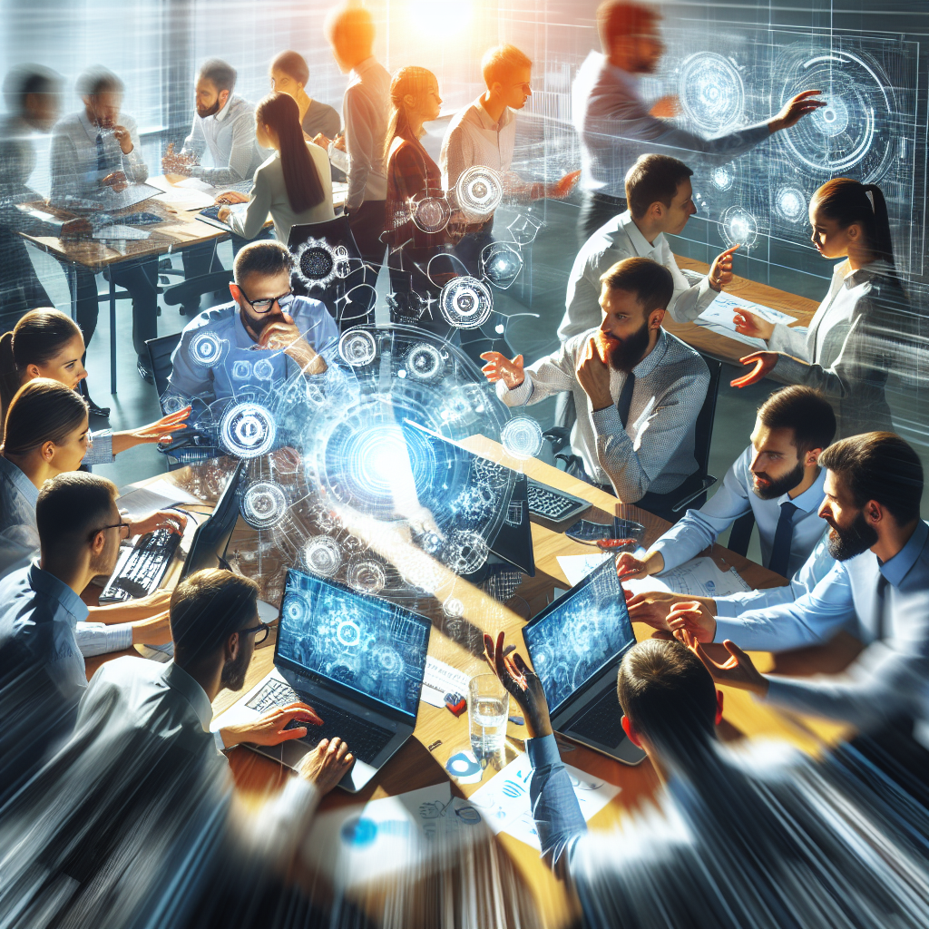 O echipa care discuta despre procesul de management al schimbarilor in IT, cu familii europene, in jurul computerelor si diagramelor, toti avand un aspect interesat si implicat in proces.