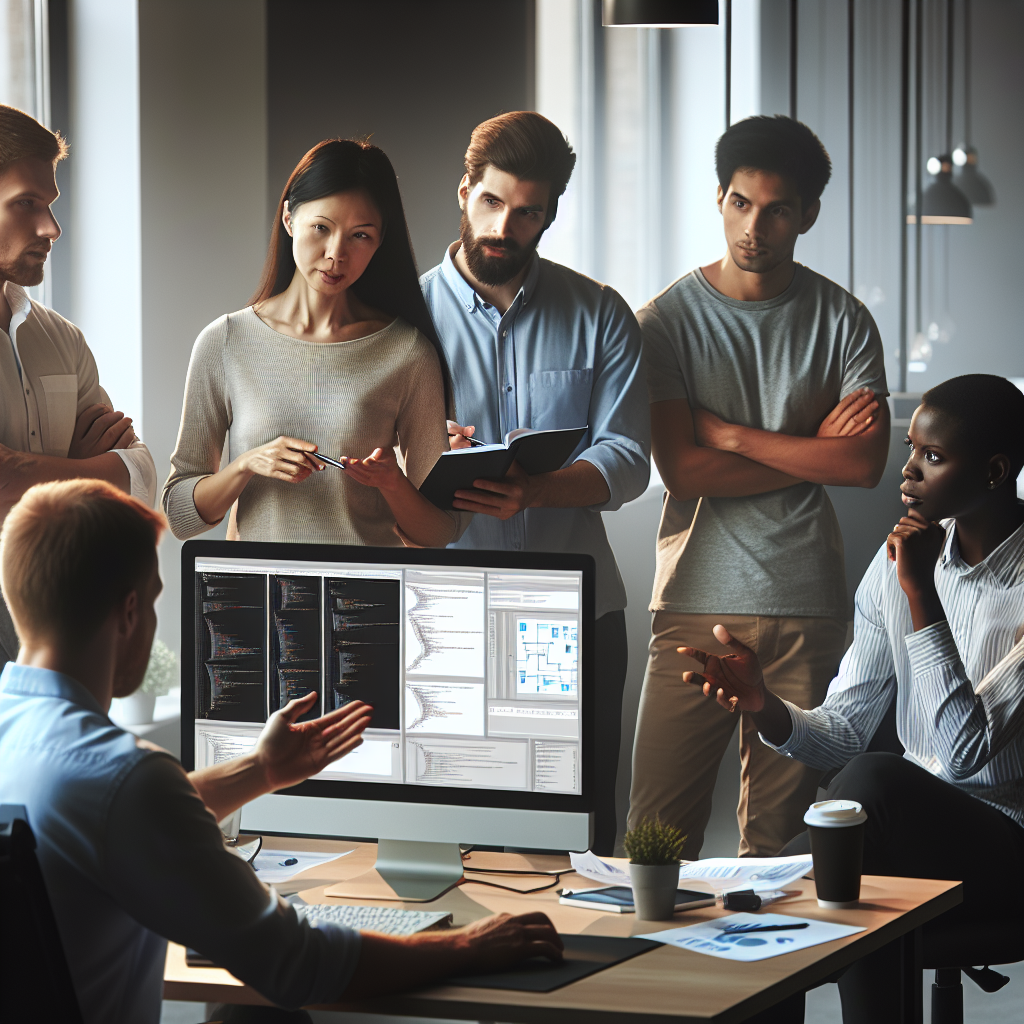 Imagine realista cu o echipa de dezvoltatori profesionisti discutand un proiect pe un ecran de computer. Toti oamenii au un aspect european, lucreaza intr-un birou modern, avand un design combinat intre stilul vechi si cel modern.