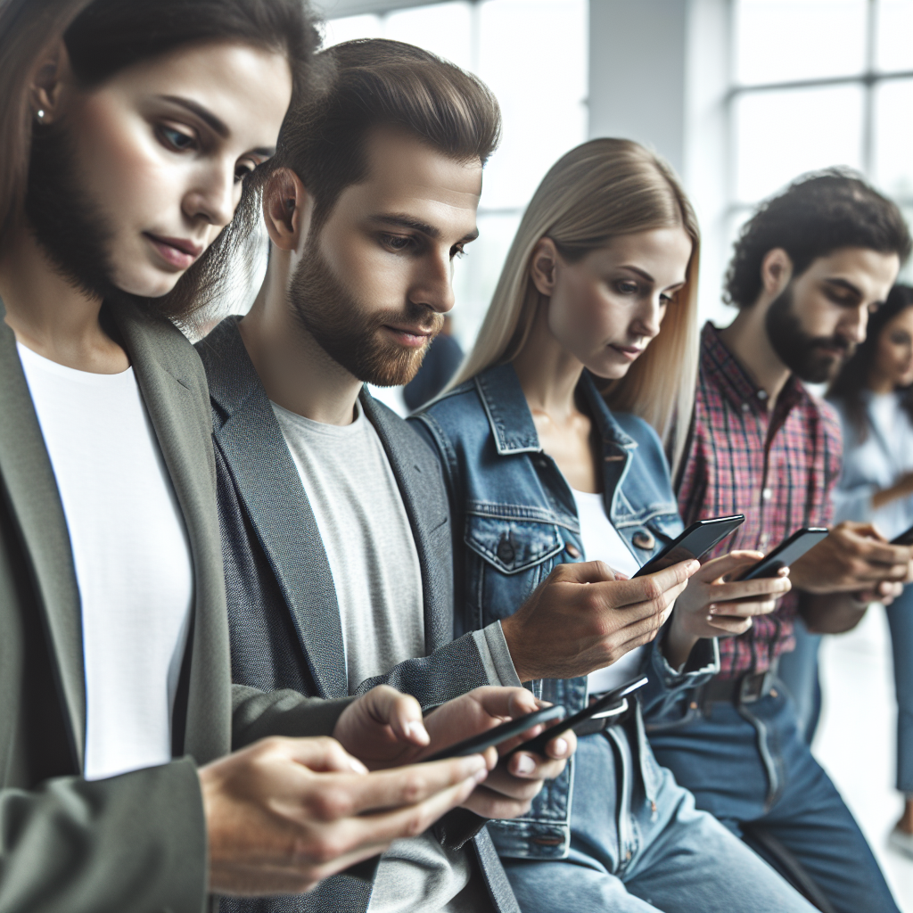 Imagine cu un grup de oameni de tip european care privesc la dispozitivele mobile, discutand informatii legate de platformele mobile. Stilul este unul de fotografie de portret, facand imaginea greu de diferentiat de una reala.