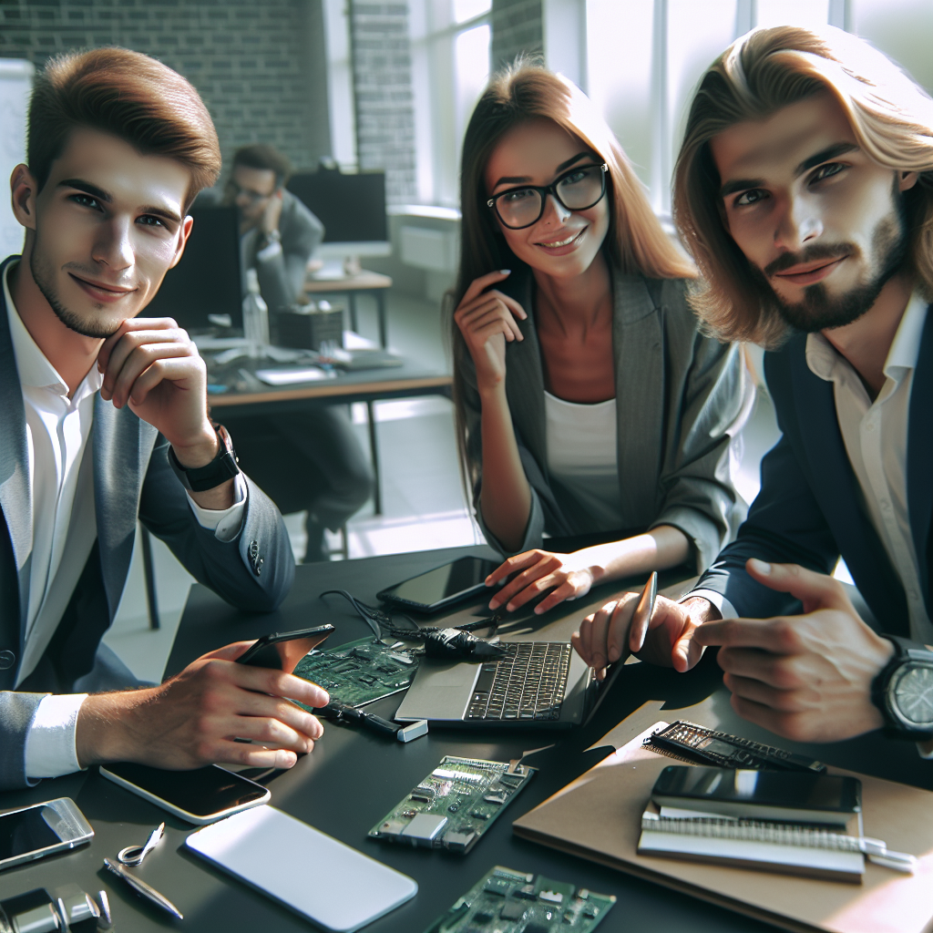 Imagine cu o echipa de oameni de tip european care discuta idei la locul de munca, inconjurata de gadgeturi si dispozitive mobile pentru dezvoltare, exprimand incredere si aspiratii catre succesul unui startup. Imaginea este realista si seamana cu o fotografie.