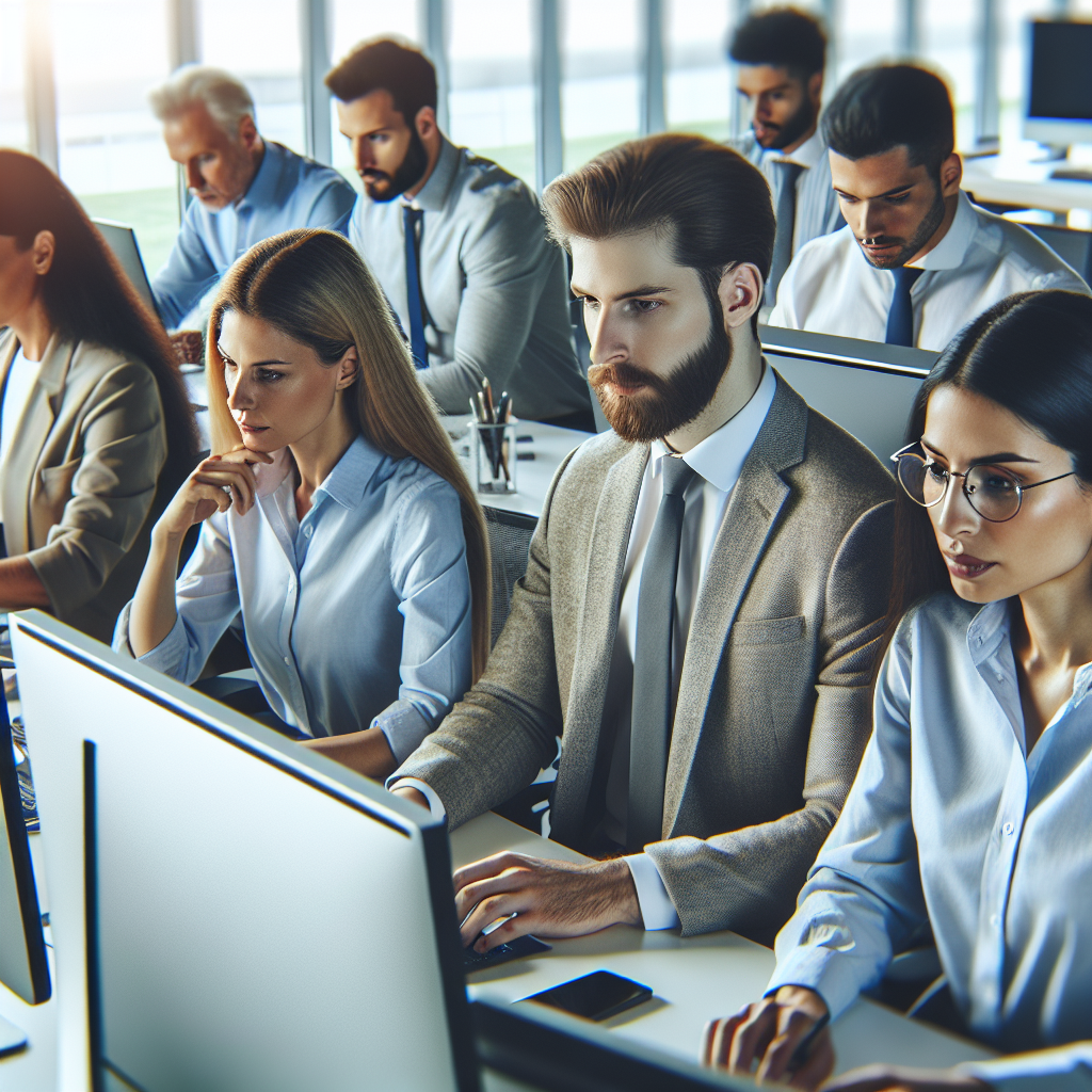 Группа европейских IT-специалистов работает в современном офисе, на фоне компьютеров и цифровых технологий.