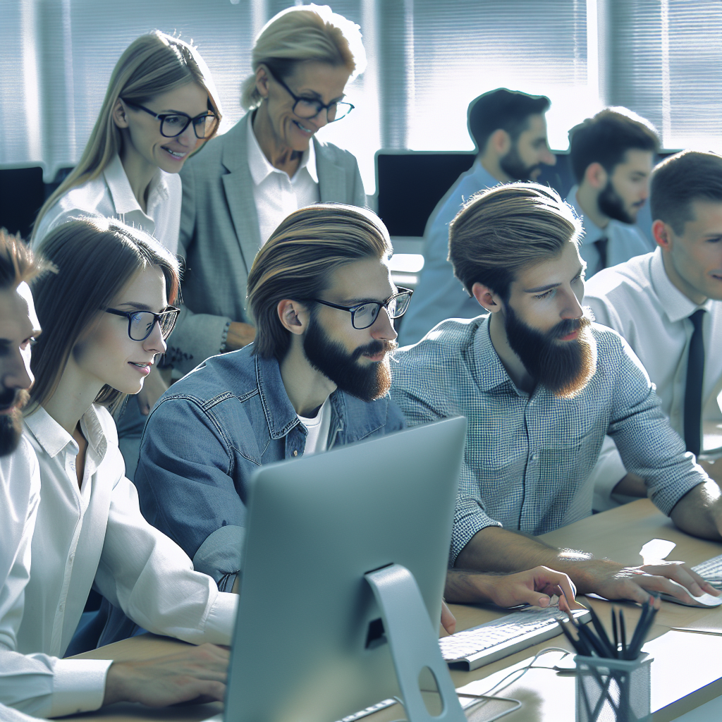 Команда IT-специалистов, работающих над проектом разработки и поддержки CMS, на фоне компьютеров и ноутбуков. Люди европейского типа в рабочей атмосфере, выражающие позитивные эмоции.