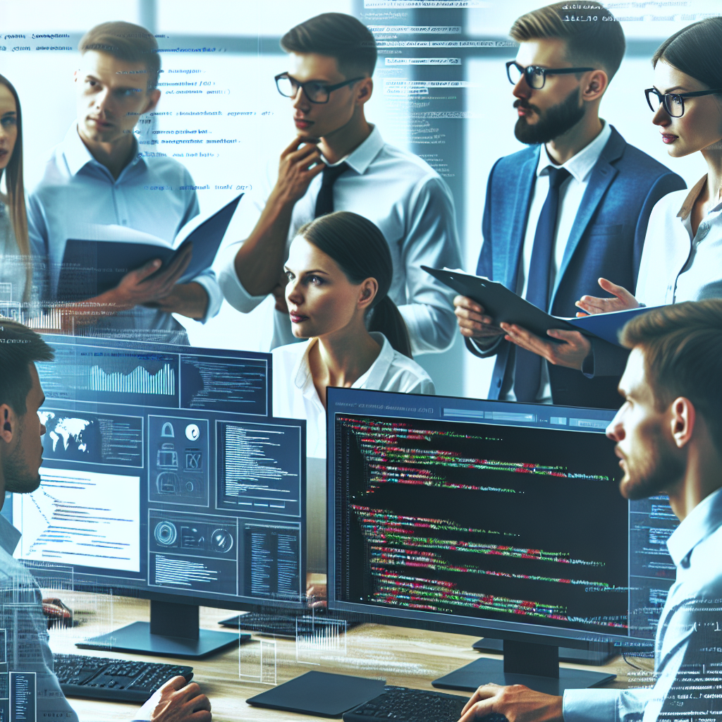 Изображение команды IT-специалистов европейского типа, которые обсуждают технический аудит сайта. На заднем плане видны компьютеры с кодом и графиками.