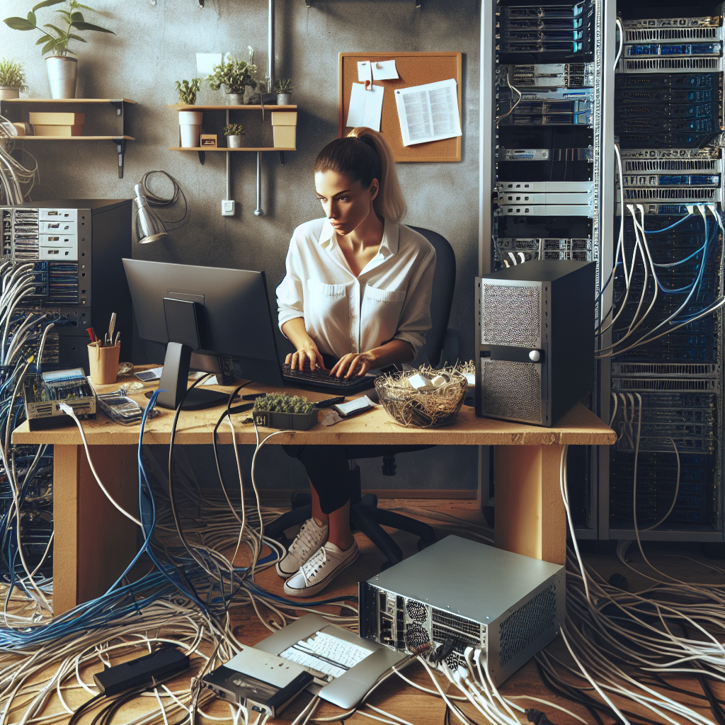 Изображение IT-специалиста, который настраивает сервер в небольшом офисе. Все сотрудники выглядят как европейцы, а фотография имеет реалистичный стиль.