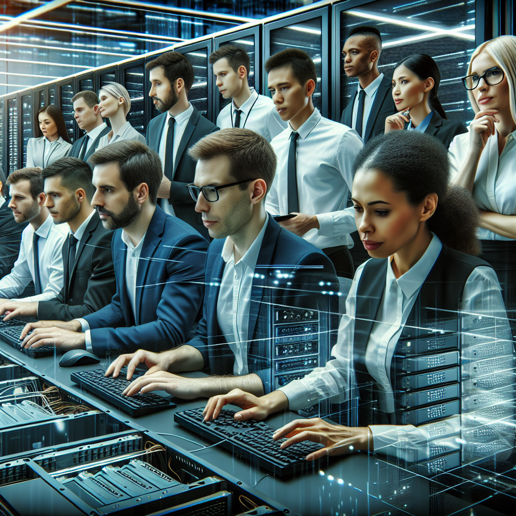 На изображении профессиональные IT-специалисты европейского типа работают в офисе над серверными системами 1С, используя современное оборудование.