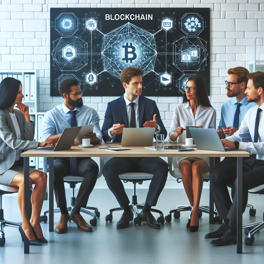 Сотрудники IT-компании обсуждают проект по блокчейн-разработке в современном офисе, работая над компьютерами с новыми технологиями. Все люди европейского типа.