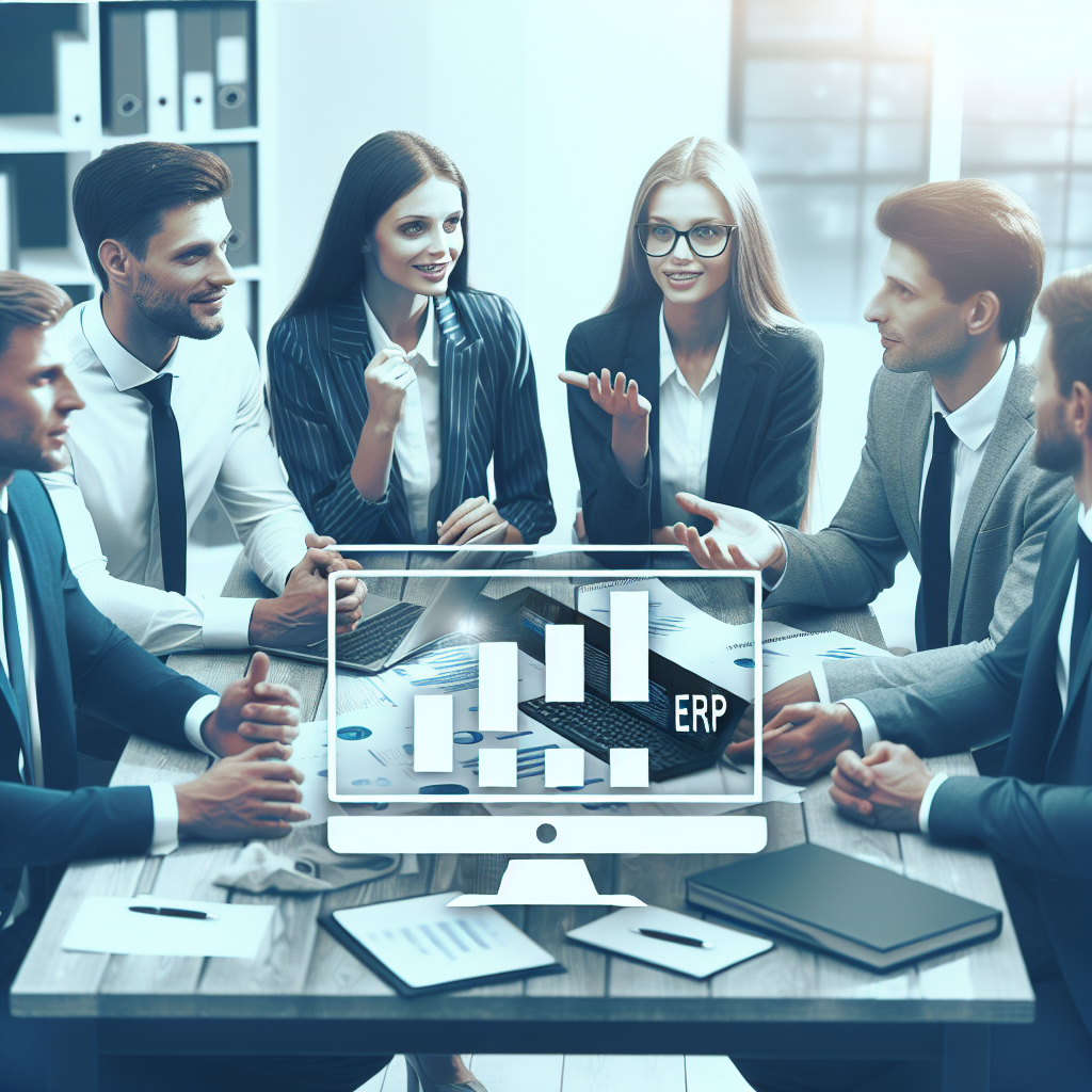 Команда сотрудников обсуждает использование ERP системы в офисе. Все люди европейского типа, работают с интересом и вовлеченностью, атмосфера креативности и сотрудничества.