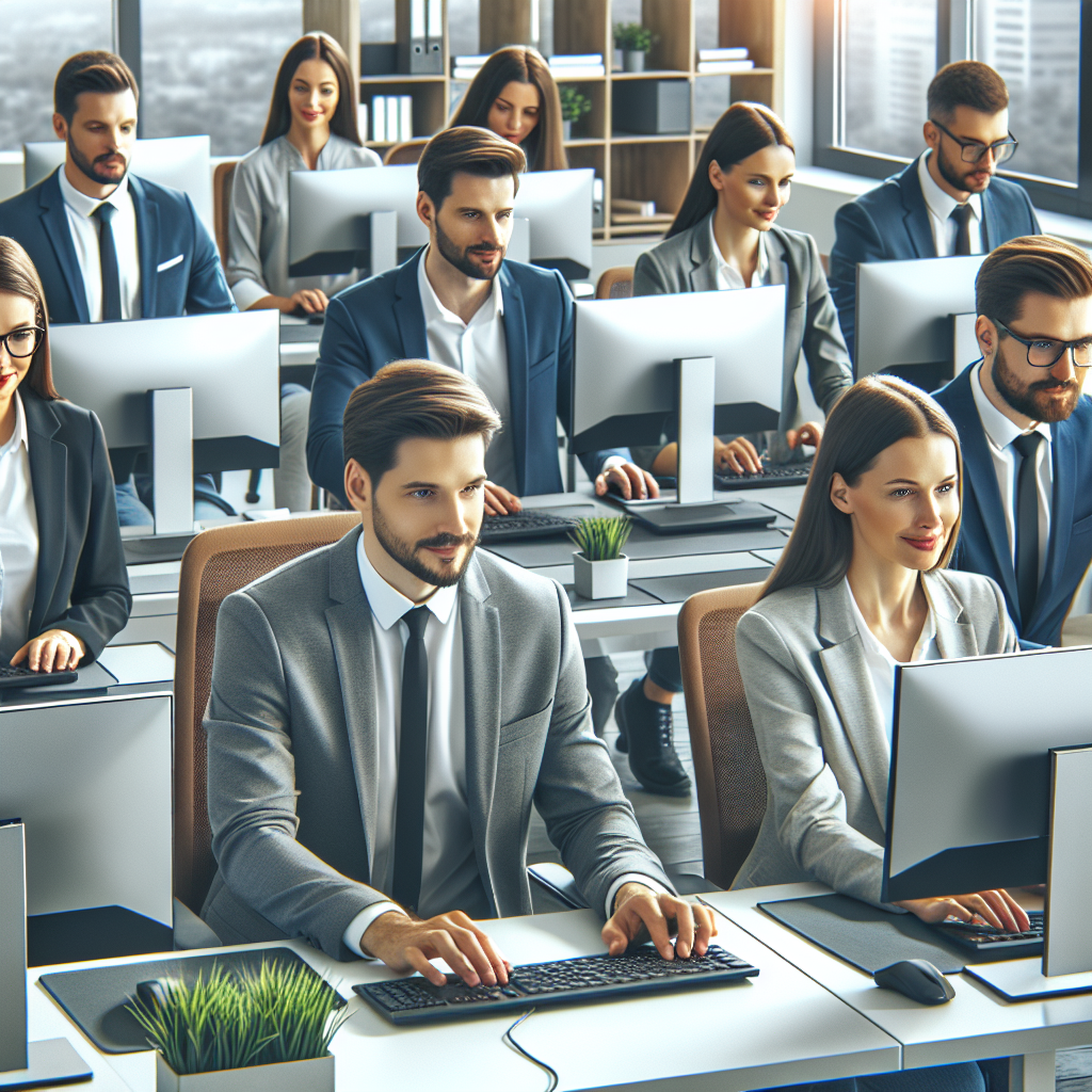 Изображение команды IT-специалистов, работающих за компьютерами. Все участники имеют европейскую внешность и выглядят профессионально и дружелюбно.