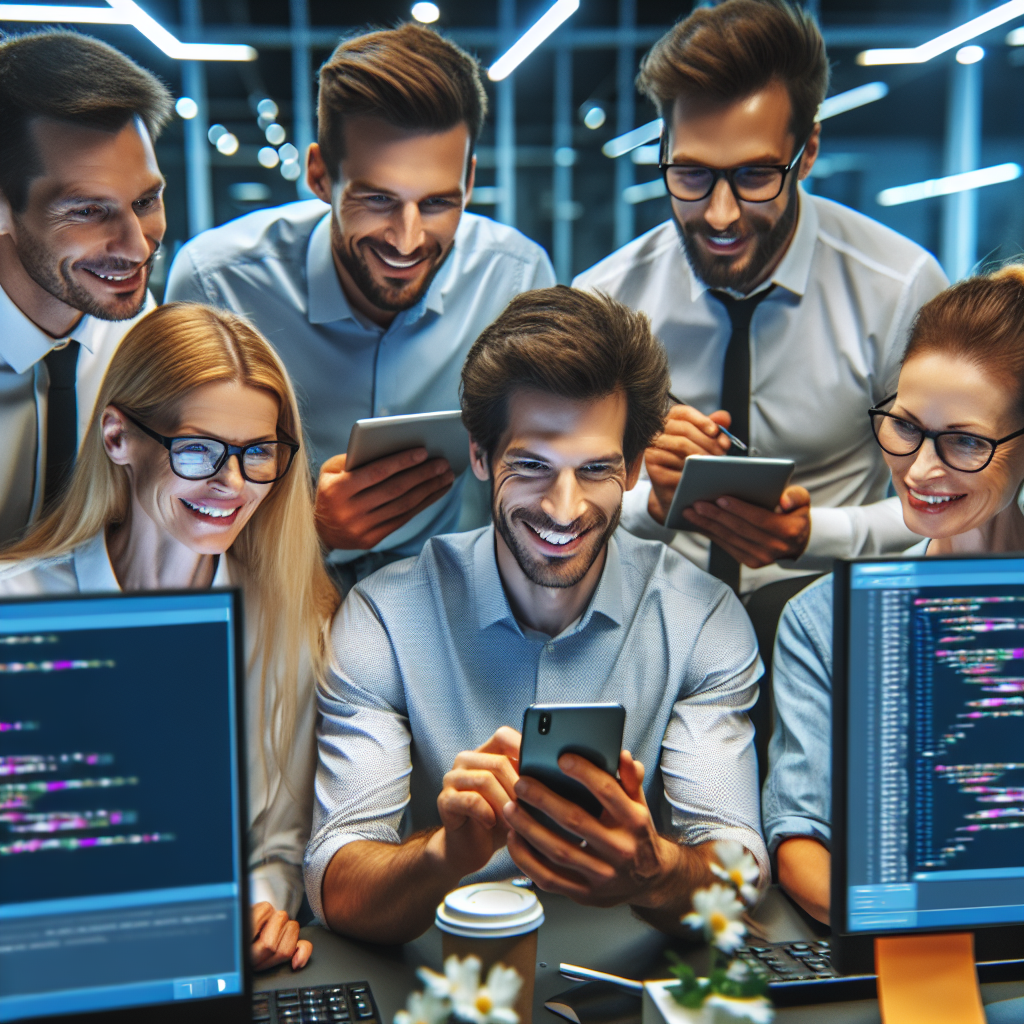 Изображение профессиональной команды IT-специалистов, работающих над мобильным приложением в офисе. Все участники европейской внешности, улыбаются и активно вовлечены в процесс, окруженные современным оборудованием, экранами и заметками.
