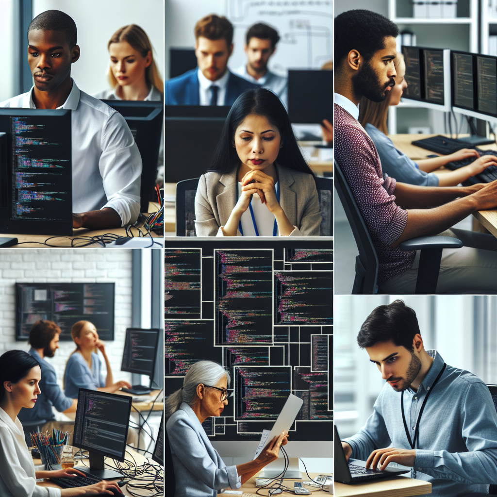 Изображение команды IT-специалистов, работающих в офисе, все участники европейского типа.