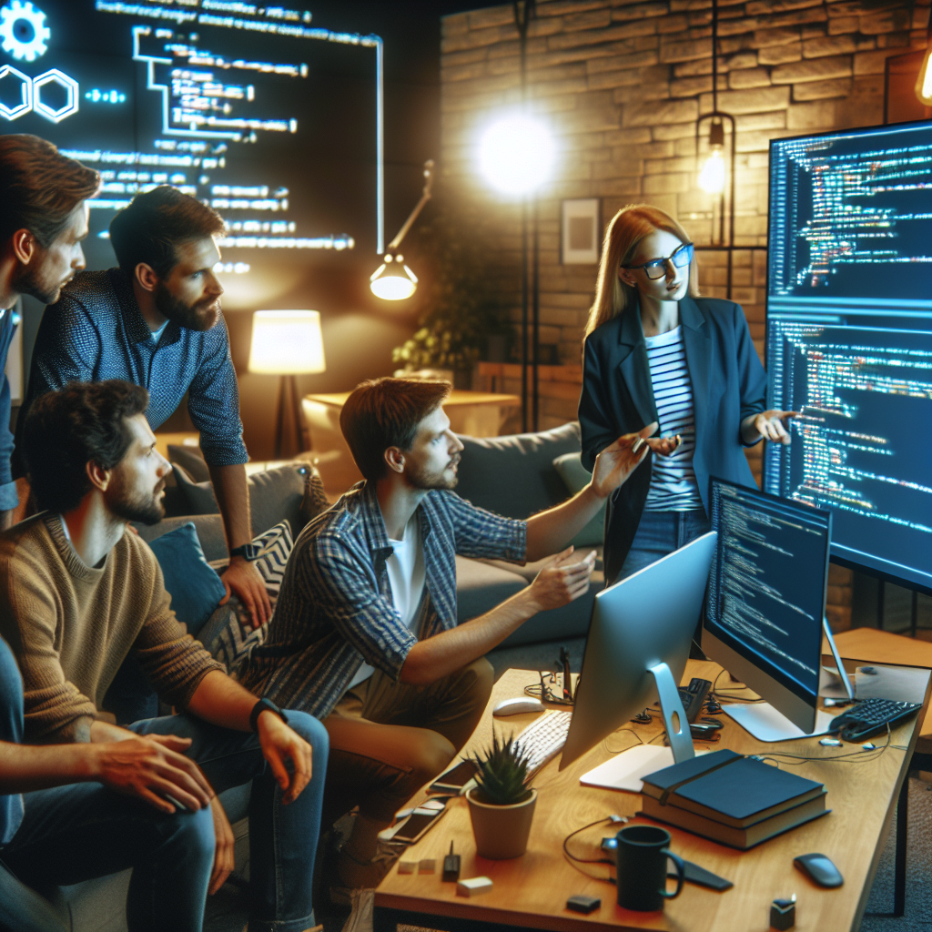 Команда IT-специалистов обсуждает установку сертификата SSL на современном компьютере в уютном офисе. Все люди европейского типа.