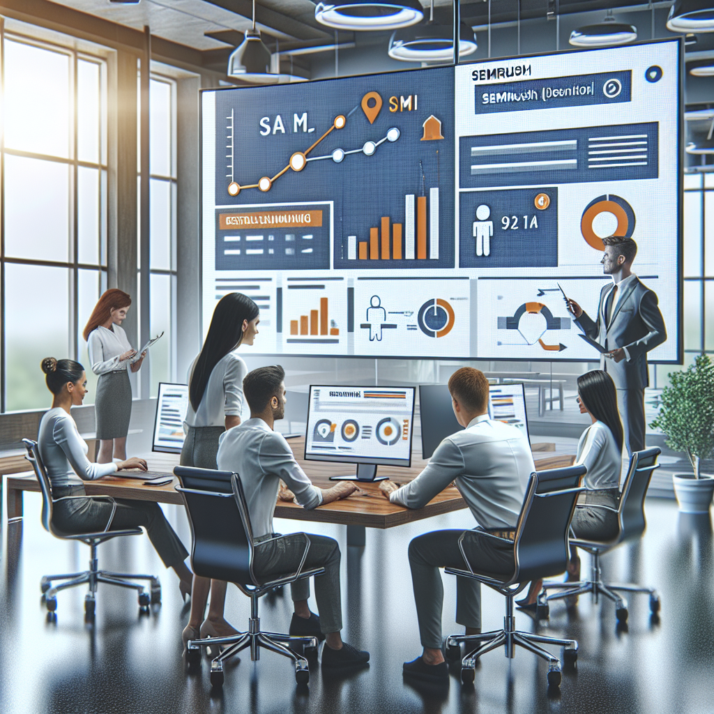 На изображении группа людей европейского типа, работающих с инструментом Semrush в современном офисе. Они сосредоточены на своих задачах, окружены офисной мебелью и технологическим оборудованием, создавая впечатление реального рабочего процесса.