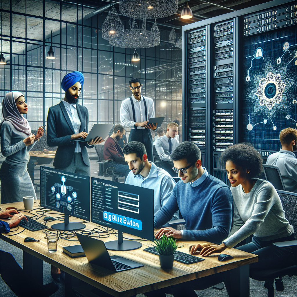 IT-специалисты, проводящие установку BigBlueButton на виртуальном сервере в современном офисе.