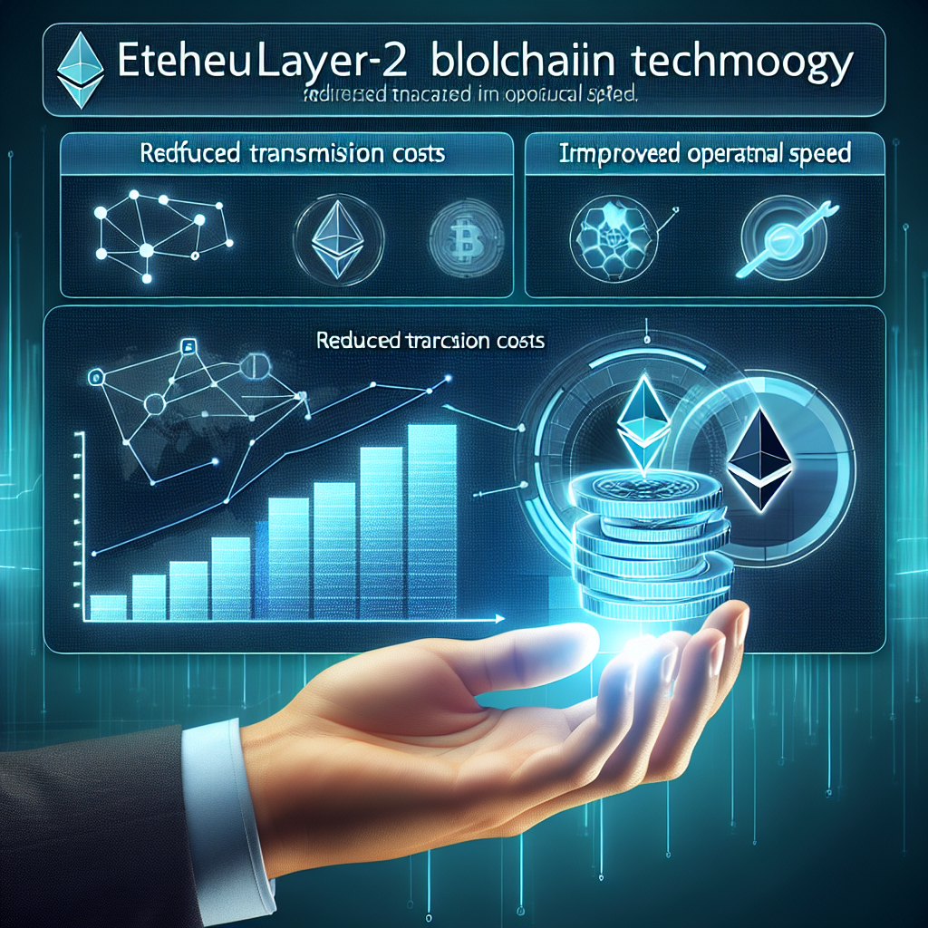 На изображении детализировано иллюстрирована концепция блокчейнов Ethereum Layer-2, с графиками, показывающими сокращение транзакционных издержек и улучшение скорости работы. Изображение выглядит как фотография, практически неотличимая от настоящей.