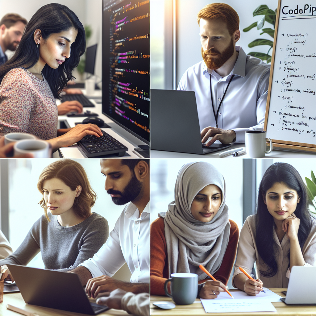 Команда разработчиков использует AWS CodePipeline в процессе разработки, изображение выглядит как фото с натуральным освещением и реальной офисной обстановкой, все люди европейского типа.