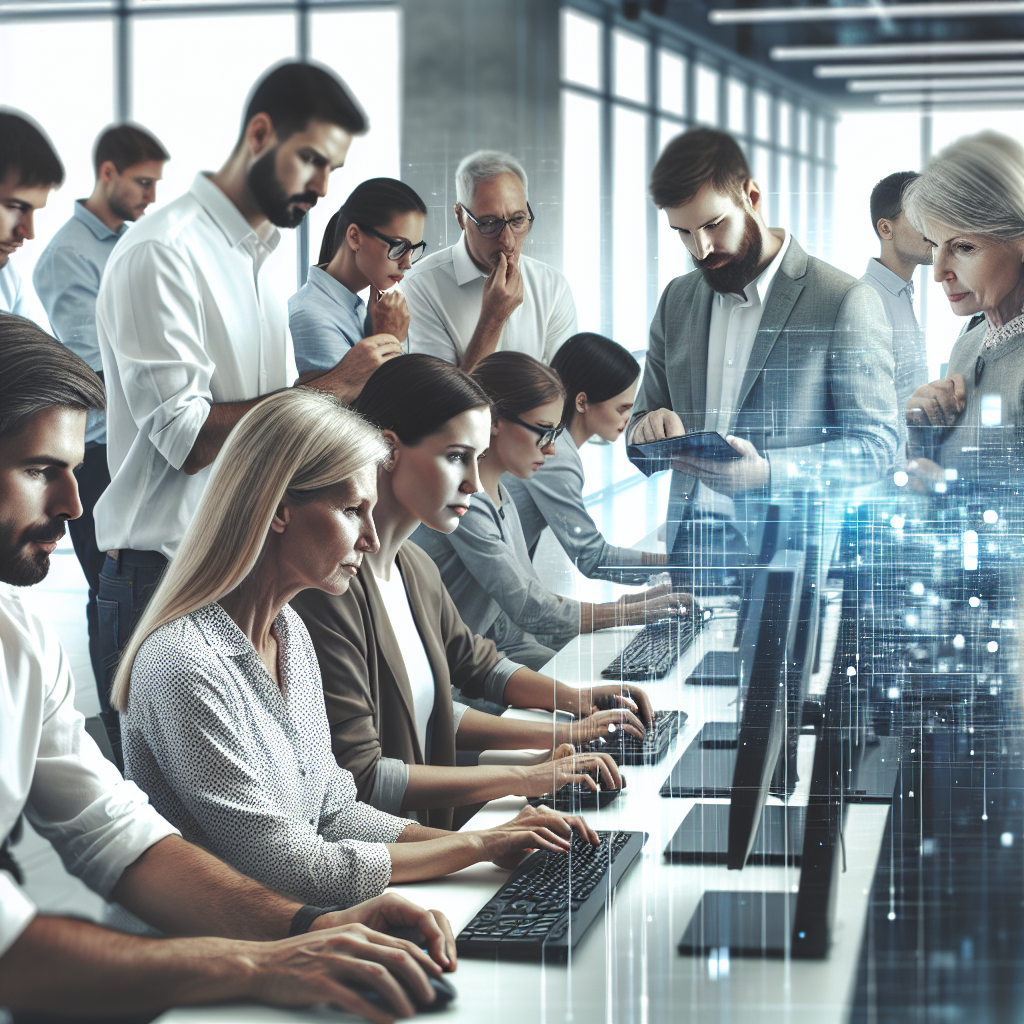 Команда IT-специалистов работает над настройкой программного обеспечения в современном офисе, все участники имеют европейскую внешность.