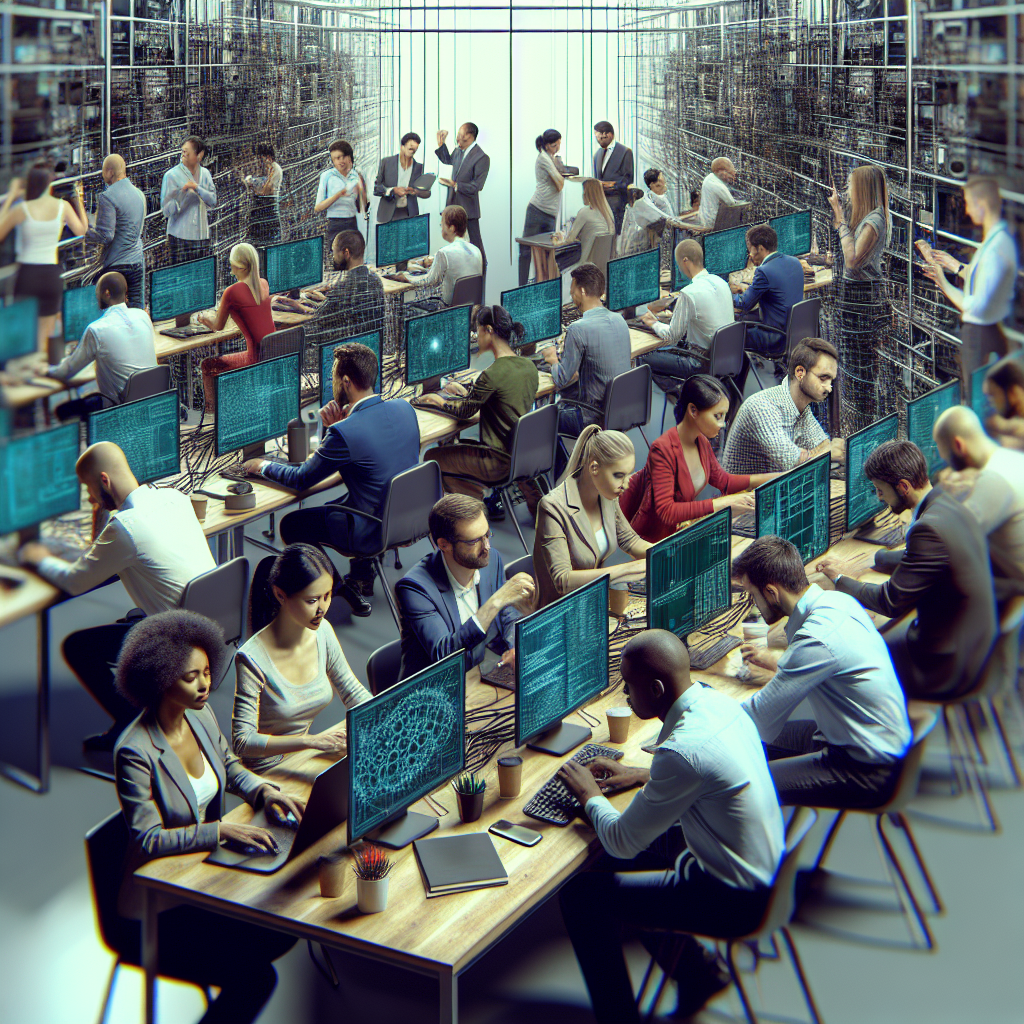 Команда IT-специалистов европейского типа, работающих над проектами с использованием фреймворков PyTorch, Caffe и Caffe2. Сцена демонстрирует активное взаимодействие и обсуждение задачи, выглядящая как настоящая фотография.